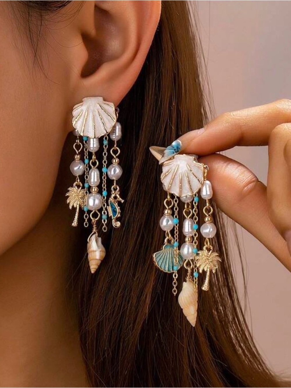 Seashell Drop Earrings with Pearls and Turquoise Accents